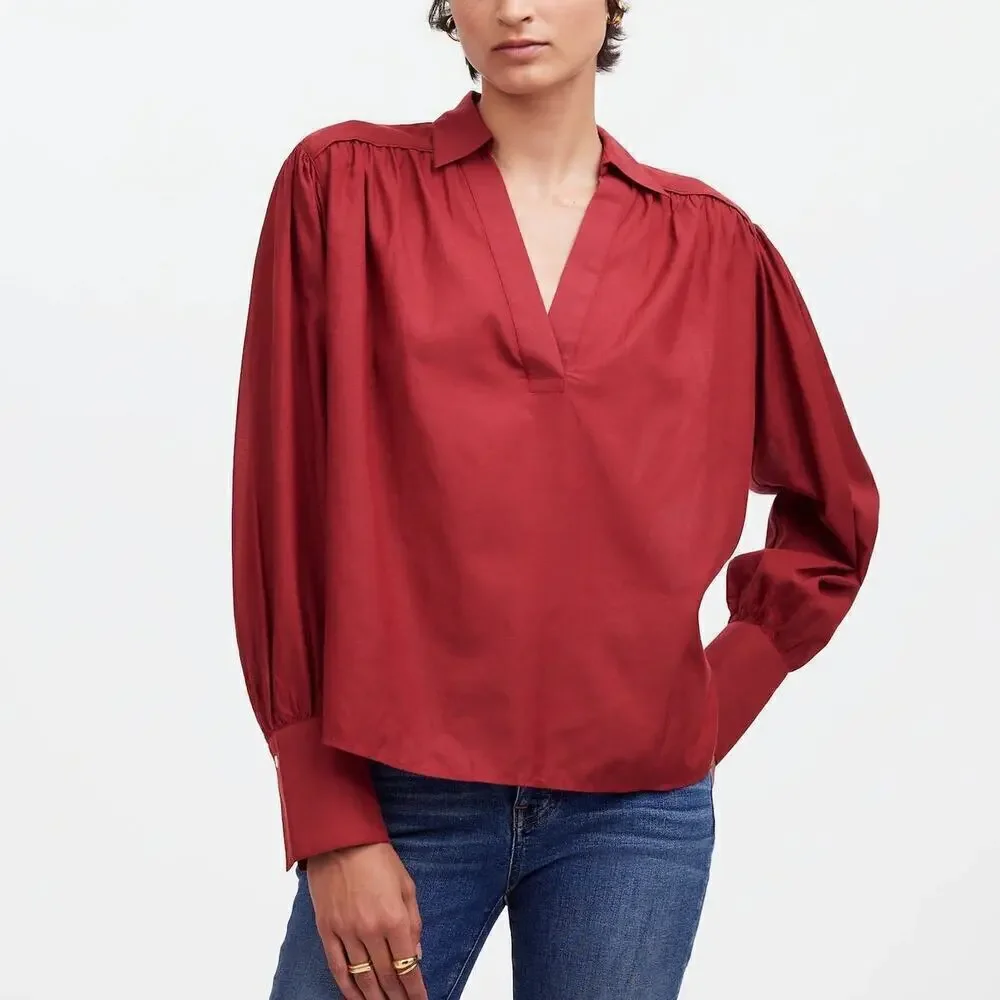Madewell Easy Top Long Sleeve Collared Split Neck Popover Shirt Claret Red NWT S